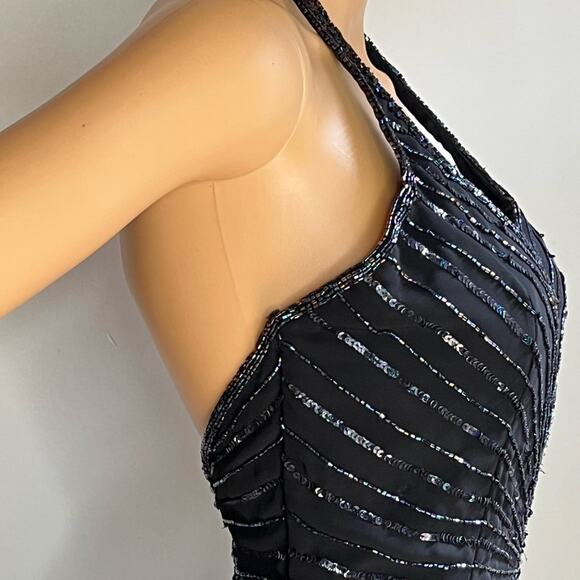 Vintage 90s Y2K Black Silk Beaded Halter Mini Cocktail Dress - Picture 6 of 10